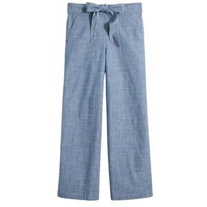 J. Crew Pants Women's 12 Blue Chambray Tie Waist Straight Leg Cotton
